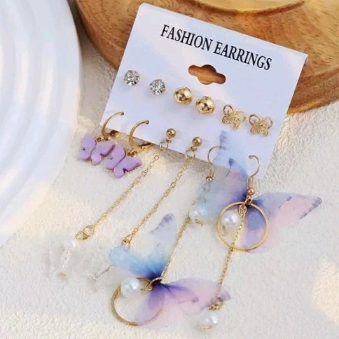 6 Pairs Butterfly & Pearls Earrings Set for Women & Girls