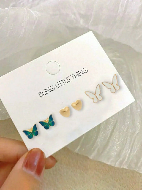 3 Pairs Butterfly & Heart Stud Earrings