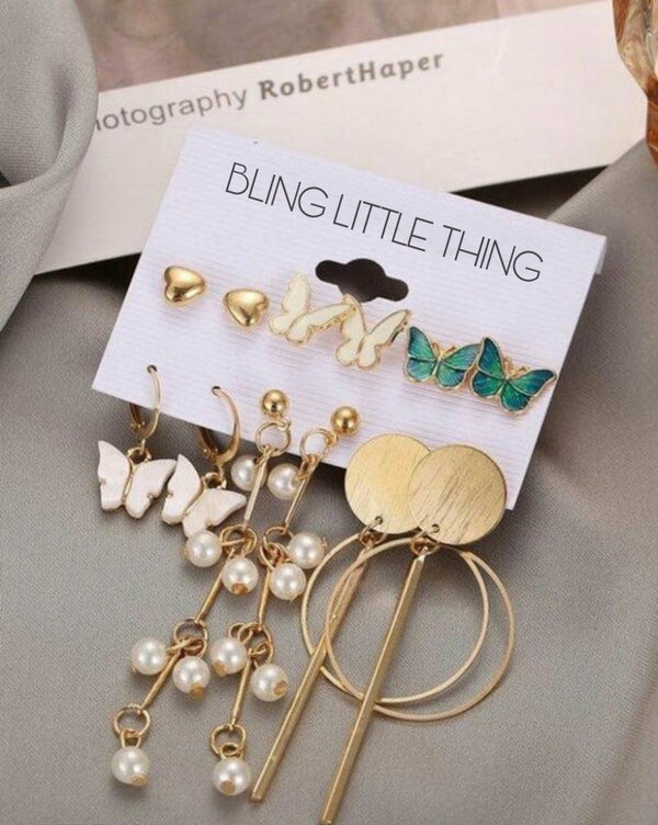 6 Pairs Bling Butterfly & Pearls Trendy Earrings Set
