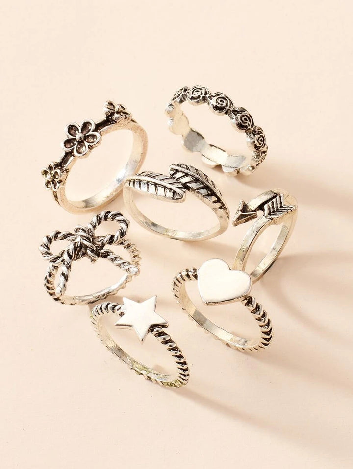 7 Star & Bow Vintage Stackable Rings - Bling Little Thing