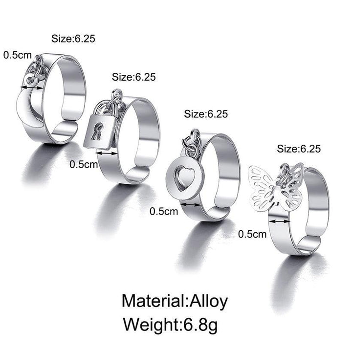 4 pcs Butterfly Lock Heart Ring Female Metal Knuckle Ring Set (PRE-ORDER, PREPAID ONLY) - Bling Little Thing
