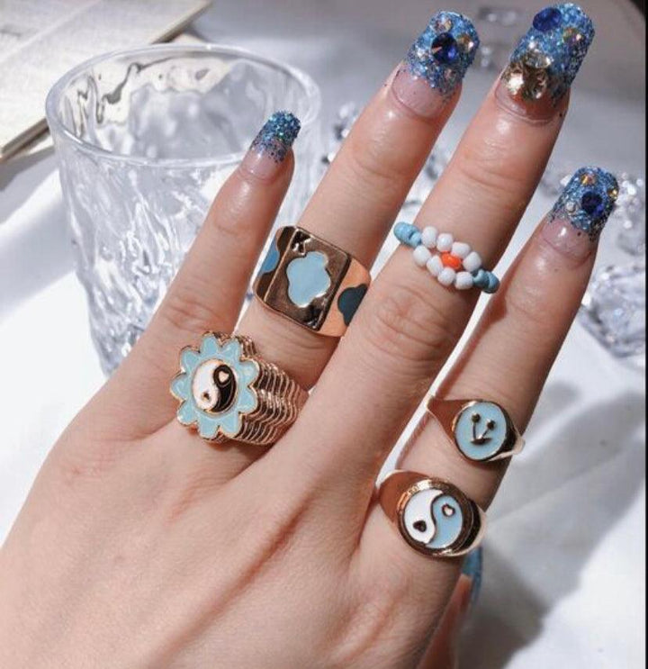 5 pcs Blue Y2K Chunky Stacking Rings - Bling Little Thing