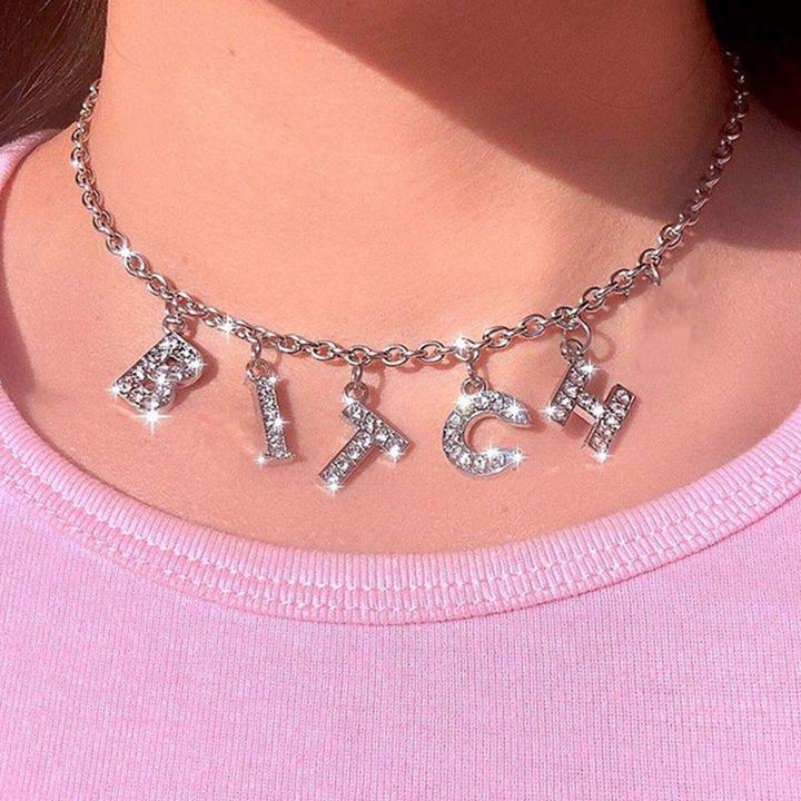 BITCH AD Lettered Metallic Charm Chain Necklace - Bling Little Thing