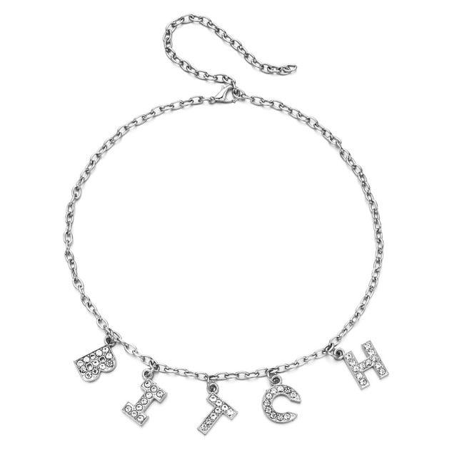 BITCH AD Lettered Metallic Charm Chain Necklace - Bling Little Thing