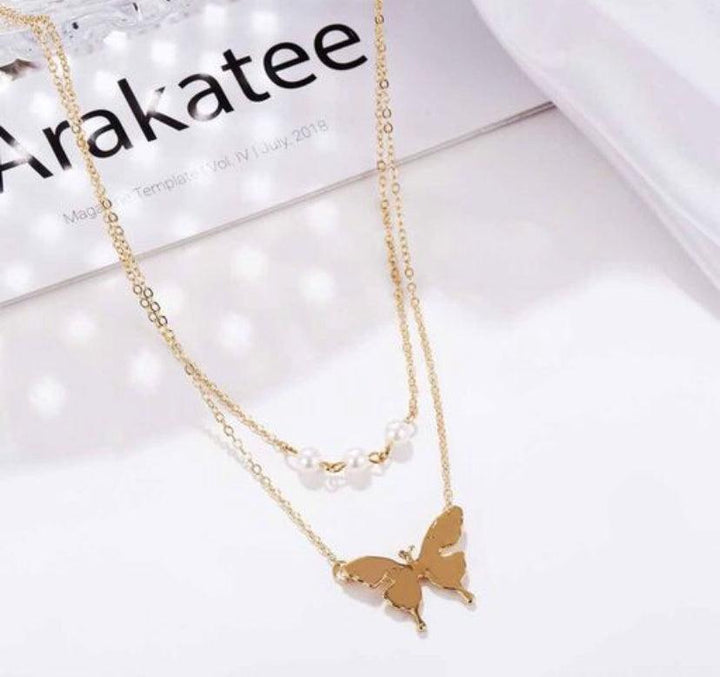 Butterfly Pendant Pearl Embellished Multilayered Chain Necklace - Bling Little Thing
