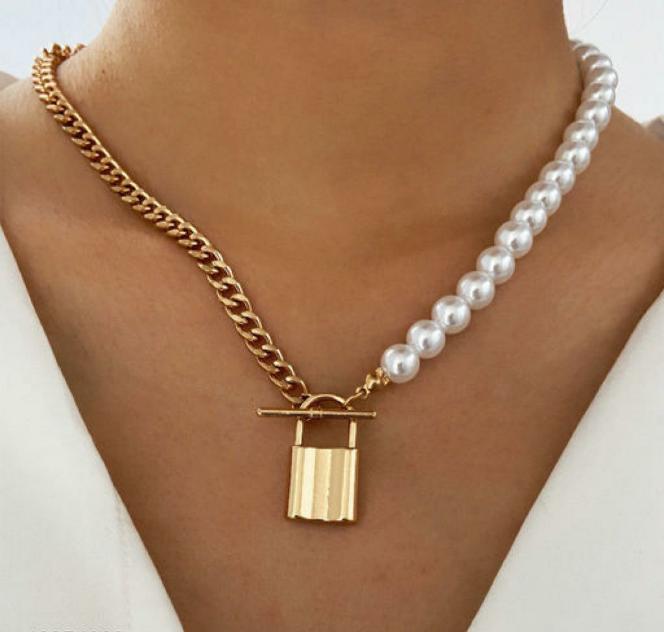 Classy Half By Half Pearl Clavicle Chain Necklace - Bling Little Thing