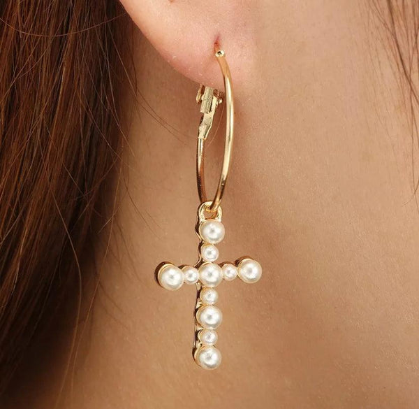 Cross Pearl Luxury Hoop Earrings - Bling Little Thing