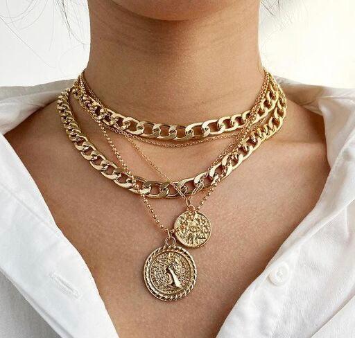 Elizabeth Chunky Chain Coin Pendant Multilayered Necklace - Bling Little Thing