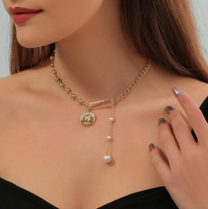 English Coin Pendant Paper Clip Pearl Chain Necklace - Bling Little Thing