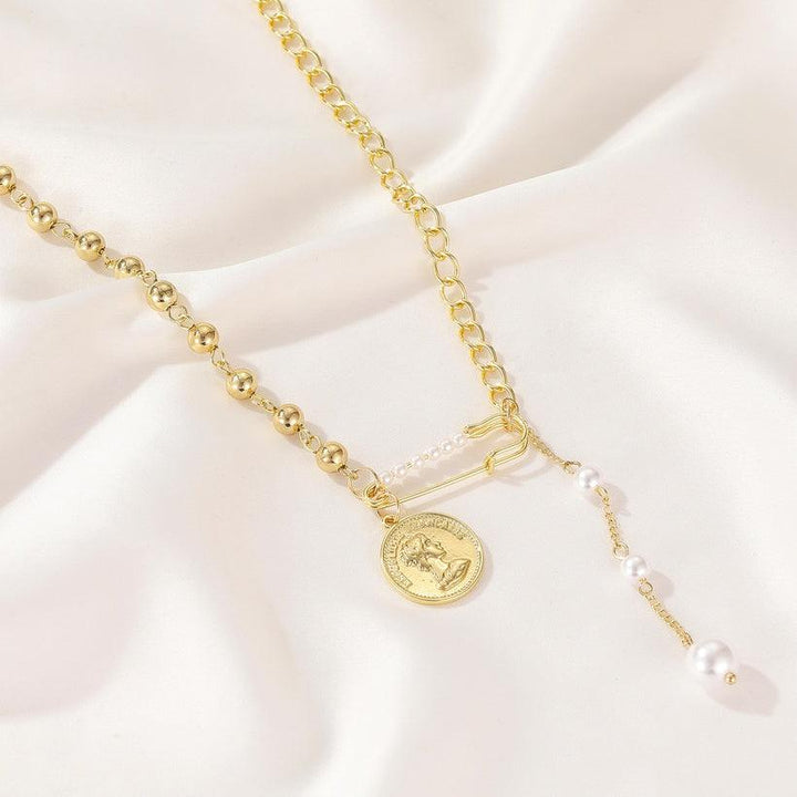 English Coin Pendant Paper Clip Pearl Chain Necklace - Bling Little Thing