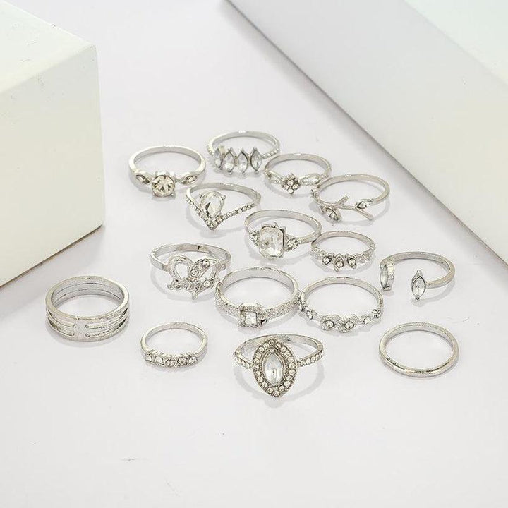 Fashion Hollow Diamond Heart Alloy Rings Set of 15 pcs - Bling Little Thing