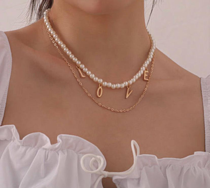 Geometric Letterd Pearl Chain Necklace - Bling Little Thing