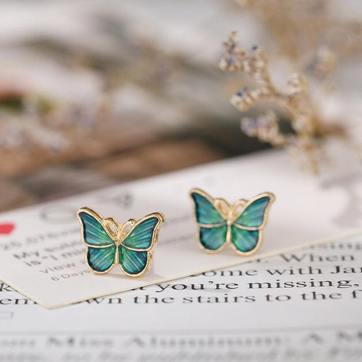 Gold Lined Creative Simple Retro Dark Green Butterfly Stud Earrings - Bling Little Thing