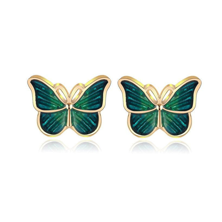 Gold Lined Creative Simple Retro Dark Green Butterfly Stud Earrings - Bling Little Thing