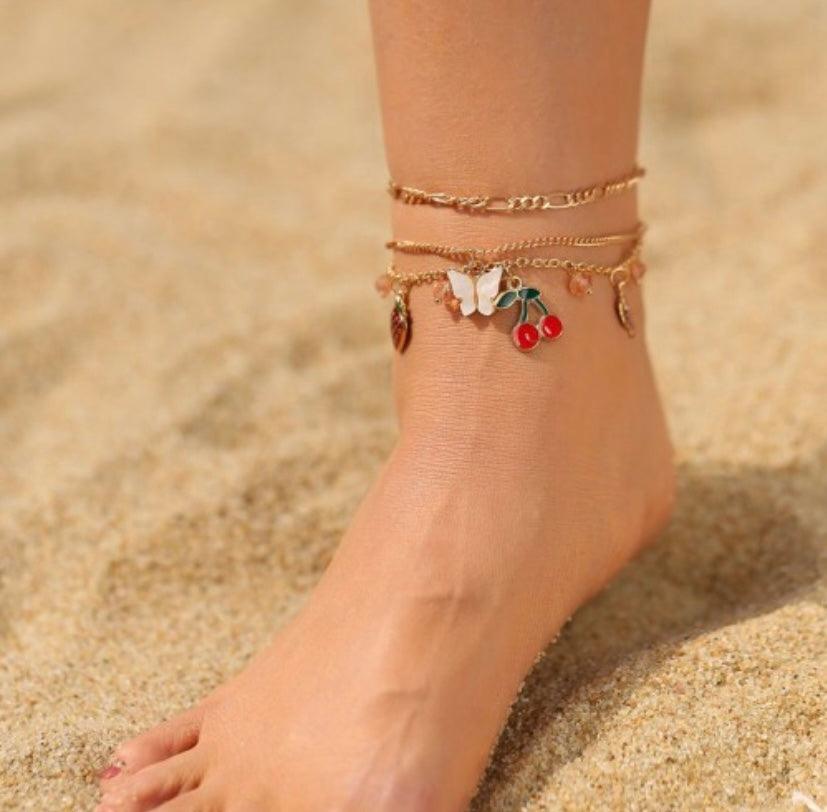 Gold Plated Fruity Butterfly Comtemporary 3 pcs Anklet/ Bracelet - Bling Little Thing