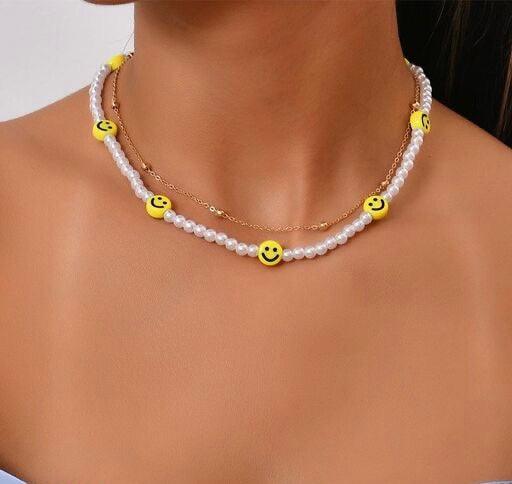 Handmade Smiley And Pearls Multilayered Chain Necklace - Bling Little Thing