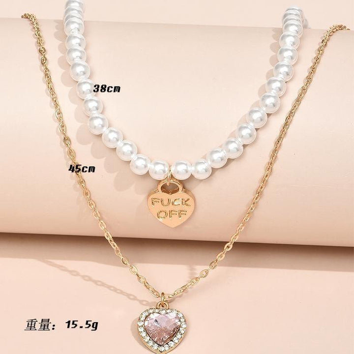 Heart Pendants Lettered Pearl Chain Multilayered Necklace - Bling Little Thing