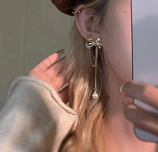 Korean Bow Temperament Long Tassel Earrings - Bling Little Thing