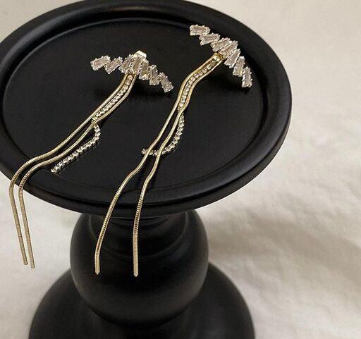 Korean Metal Crystal Tassel Earrings - Bling Little Thing