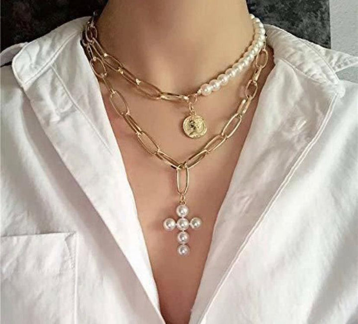 Mesmerising Chunky Cross Pearl Multilayered Chain Necklace - Bling Little Thing