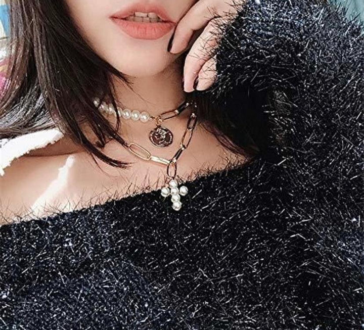 Mesmerising Chunky Cross Pearl Multilayered Chain Necklace - Bling Little Thing