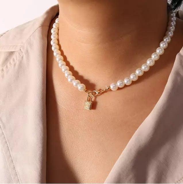 Mini Lock Pendant Pearl Necklace - Bling Little Thing
