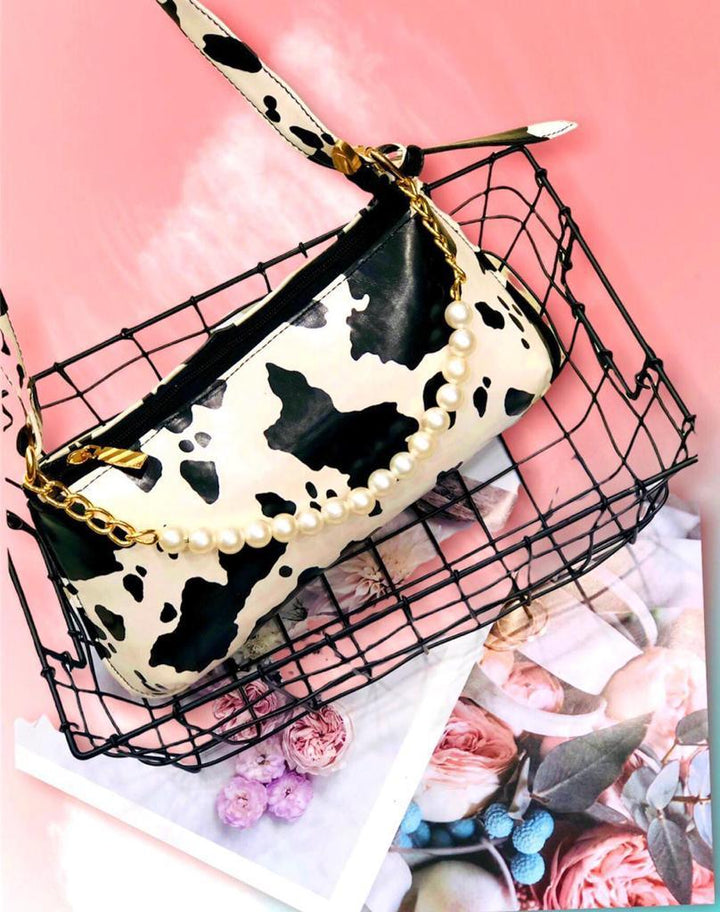 Moo Print Pearl Sling Bag (Black and White) - Bling Little Thing