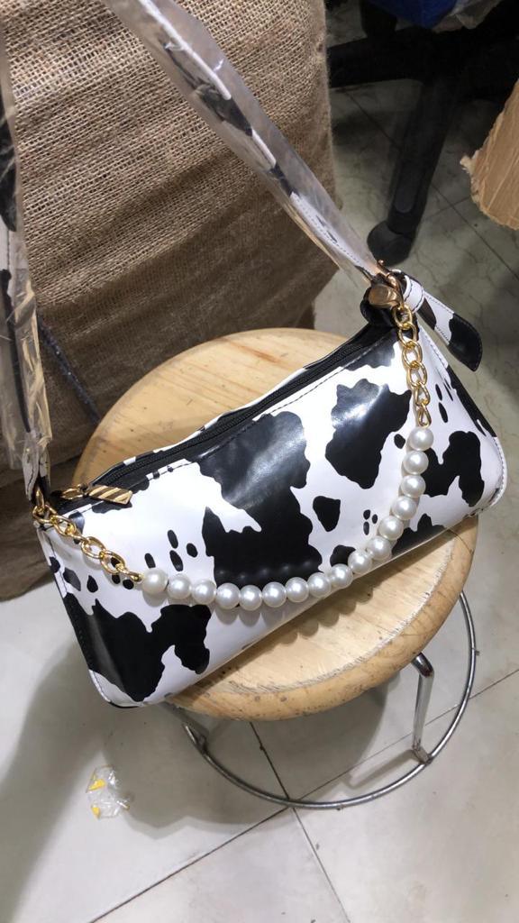 Moo Print Pearl Sling Bag (Black and White) - Bling Little Thing