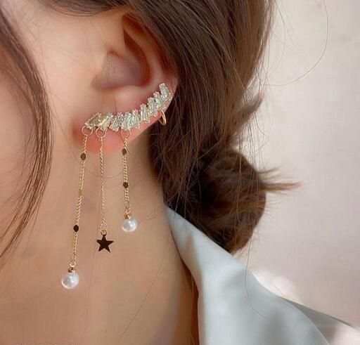 Needle Zircon Pearl Asymmetrical Tassel Earrings - Bling Little Thing