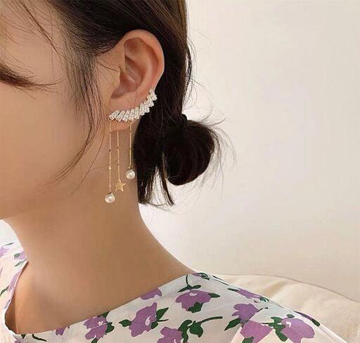 Needle Zircon Pearl Asymmetrical Tassel Earrings - Bling Little Thing