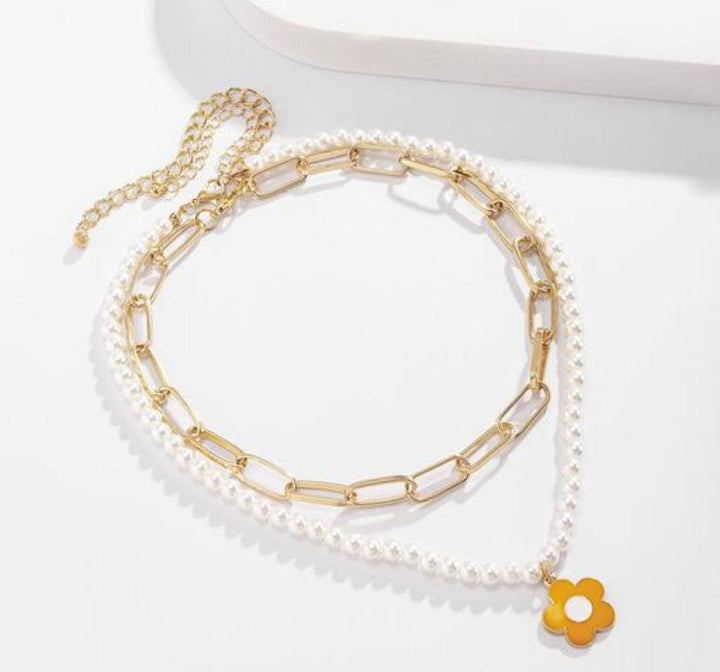 Pearls And Daisy Multilayered Chain Necklace - Bling Little Thing