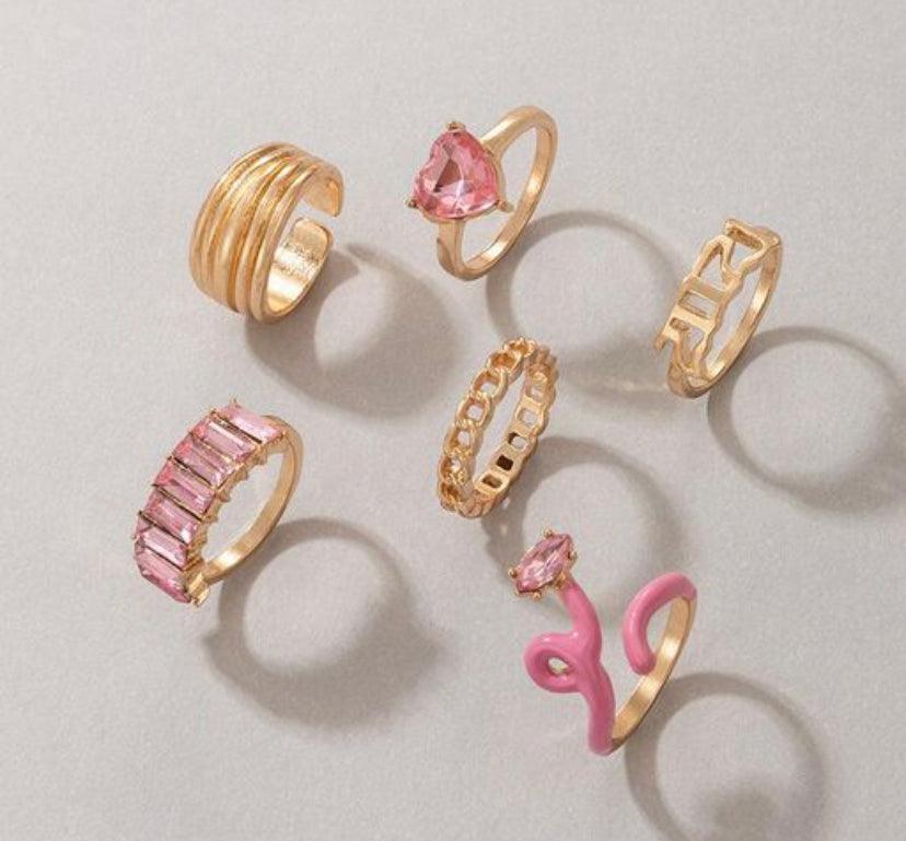Pinker Than Ever Crystal Embellished Rings (Set of 6) - Bling Little Thing