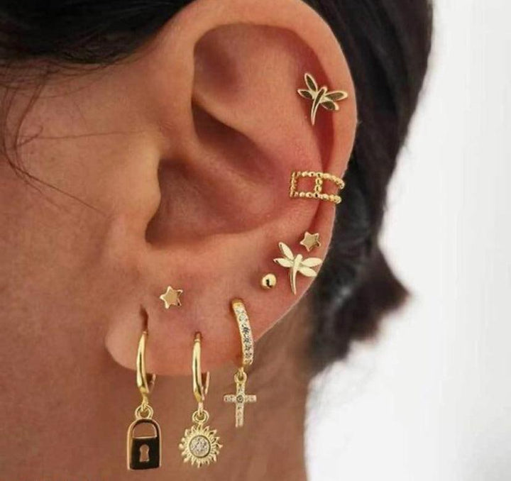 Queen's Gold-Plated Crystal Piercing Set Street Fashion Earrings (9PCs) (Anti-tarnish) - Bling Little Thing