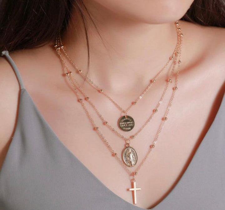 Retro American Cross & Coin Pendant Statement Multilayered Chain Necklace - Bling Little Thing