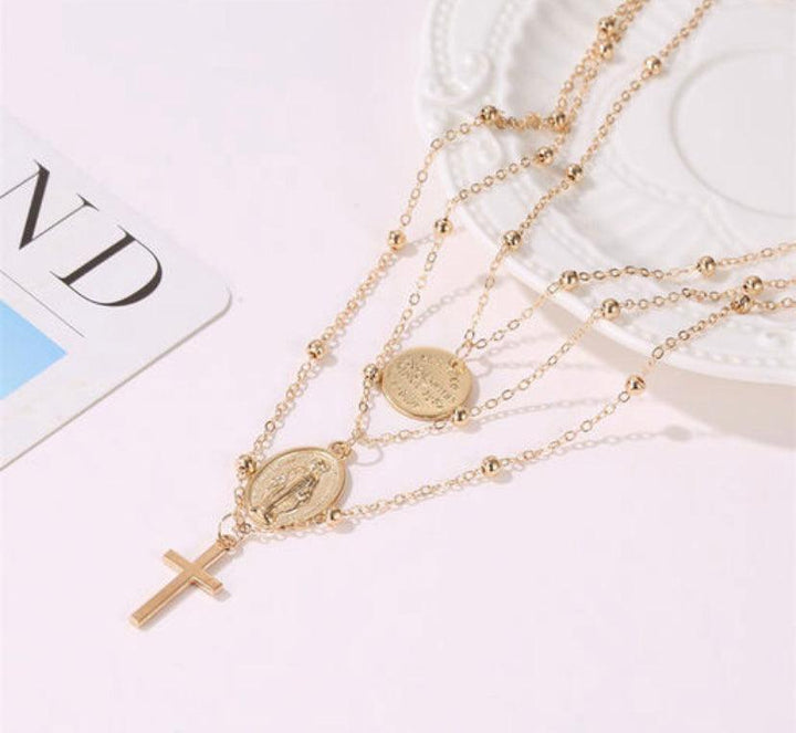 Retro American Cross & Coin Pendant Statement Multilayered Chain Necklace - Bling Little Thing