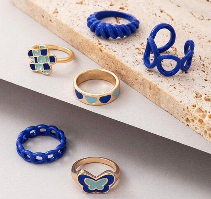 Royal Blue Butterfly Decor Rings (Set of 6)  (Anti-tarnish) - Bling Little Thing