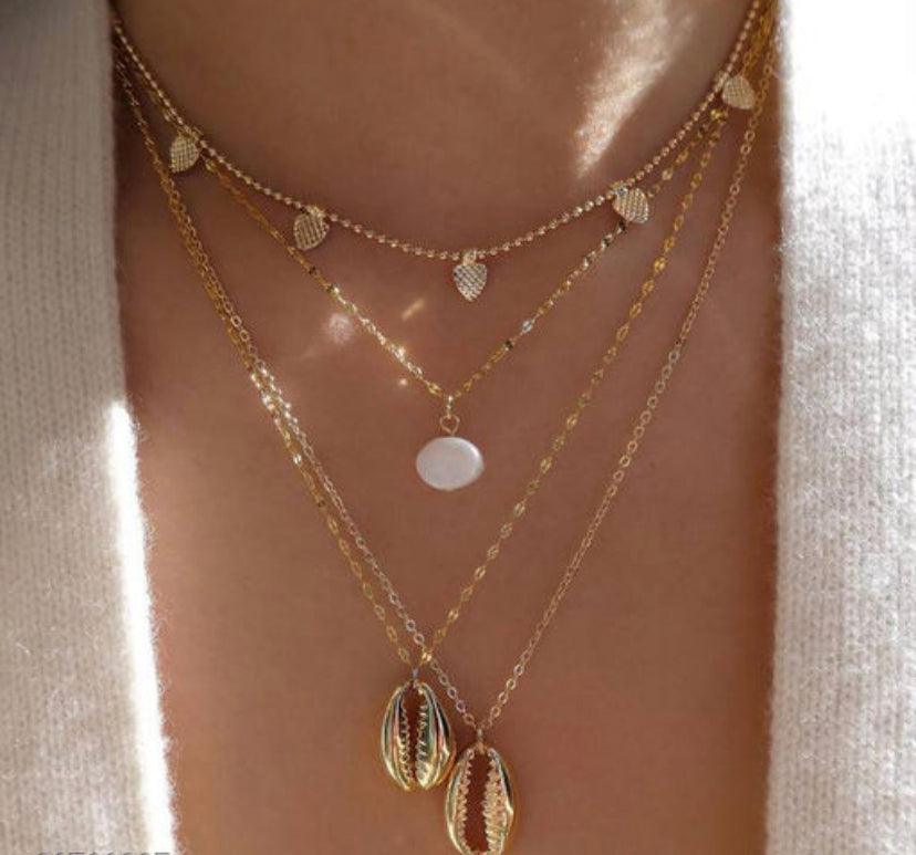 Shell Pendant Pearl Embellished Multilayered Chain Necklace - Bling Little Thing