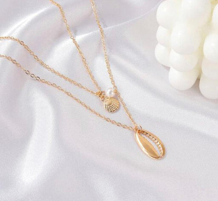 Shell Pendant Pearl Embellished Multilayered Chain Necklace - Bling Little Thing