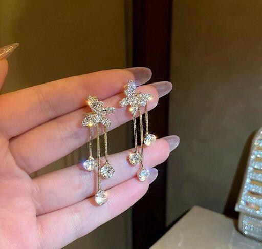 Silver Needle Full Diamond Butterfly Tassel Earrings - Bling Little Thing