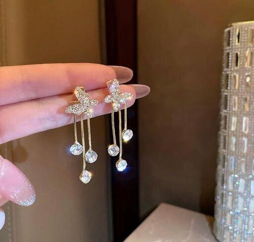 Silver Needle Full Diamond Butterfly Tassel Earrings - Bling Little Thing