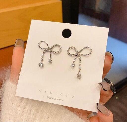 Silver Rhinestone Bow Minimal Earrings - Bling Little Thing