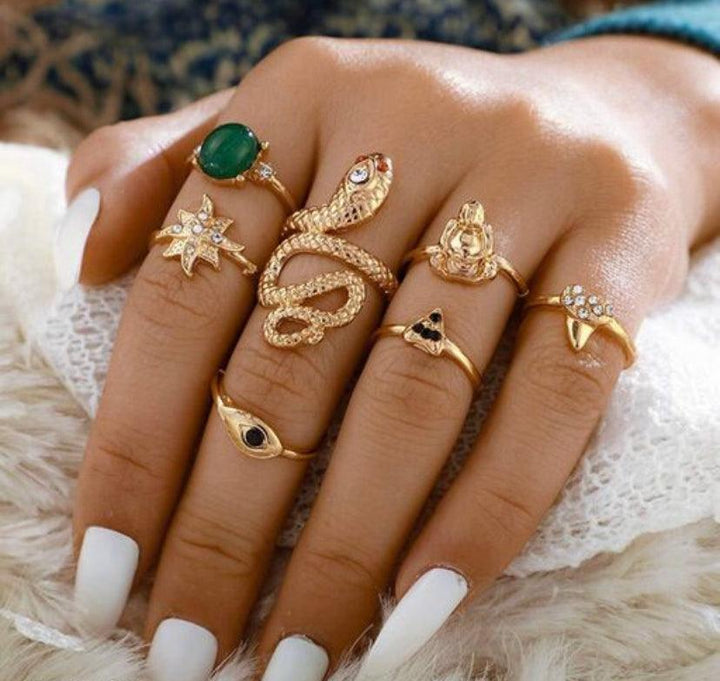 Snake And Stone Combo Rings Set (Set of 7) - Bling Little Thing