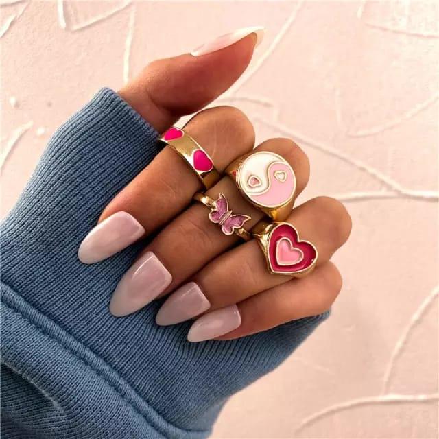 Y2K Pastel Pink Heart Rings - Bling Little Thing